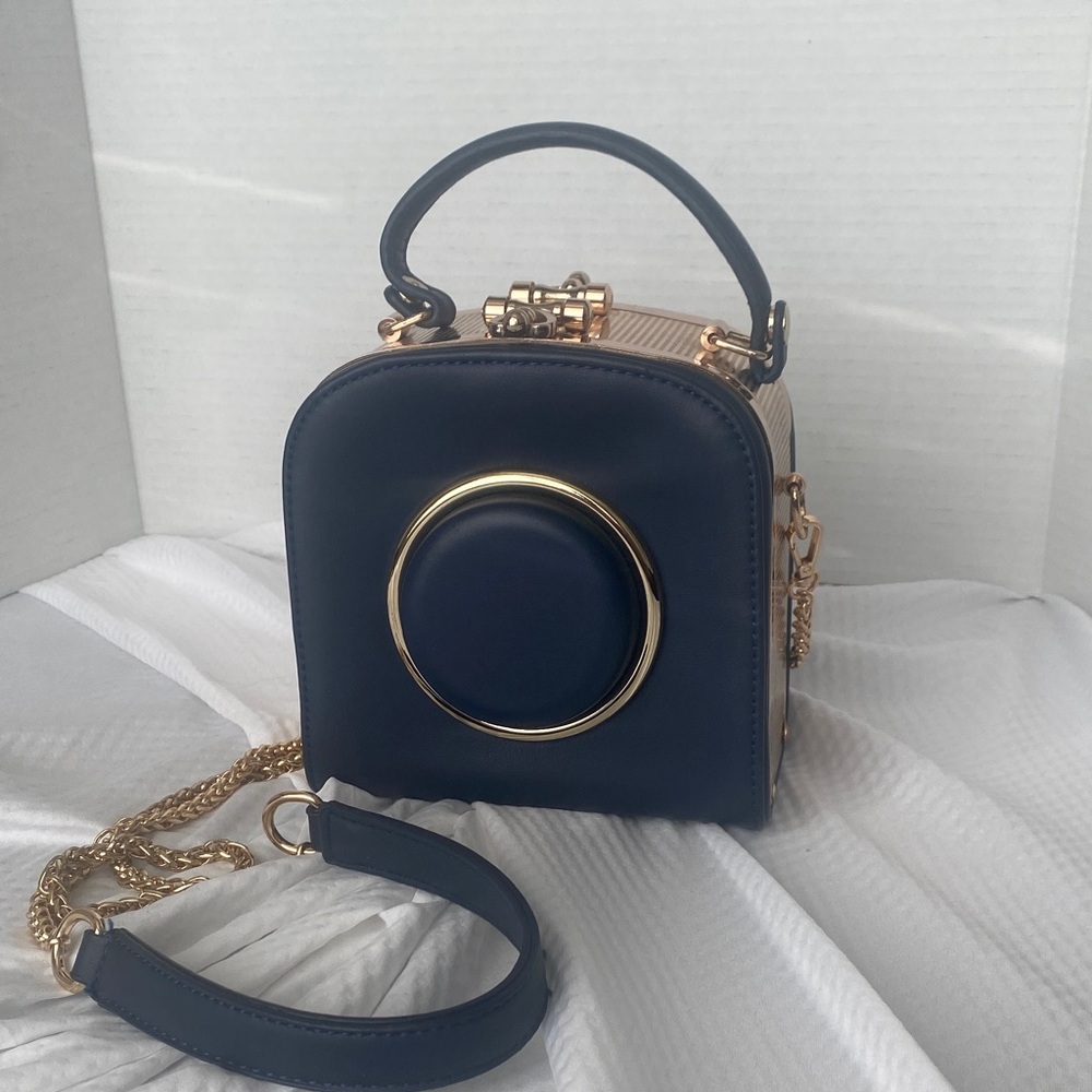Camera Purse Elegant Navy Blue and Gold Women's Mini Handbag NWOT - Picture 3 of 14